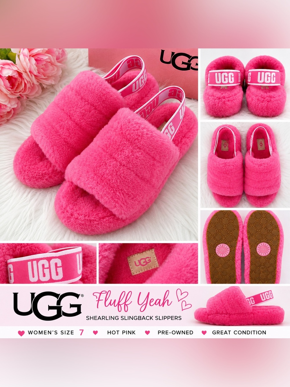 UGG Fluff Yeah Shearling Slingback Slippers Hot Pink Women’s Size 7